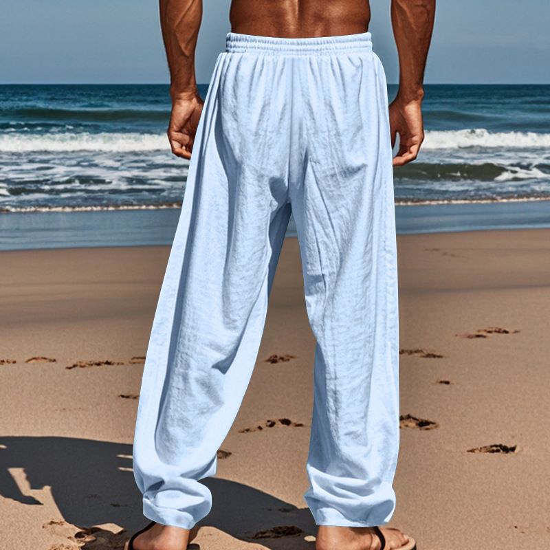 Neue Herrenhose aus Baumwolle und Leinen in Übergröße mit lockerer, einfarbiger, lässiger Schnürhose_voghion.com