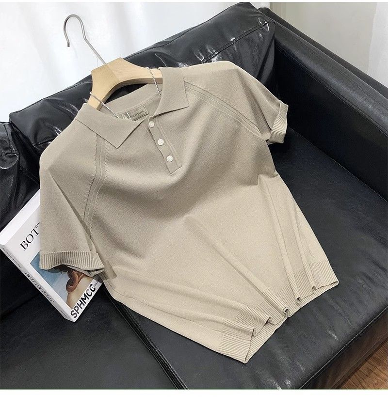Herrenbekleidung Coole gestrickte kurzärmelige Unterteile für Männer, hochwertiges Rundhals-T-Shirt im Retro-Stil für Jugendliche in Volltonfarbe_voghion.com