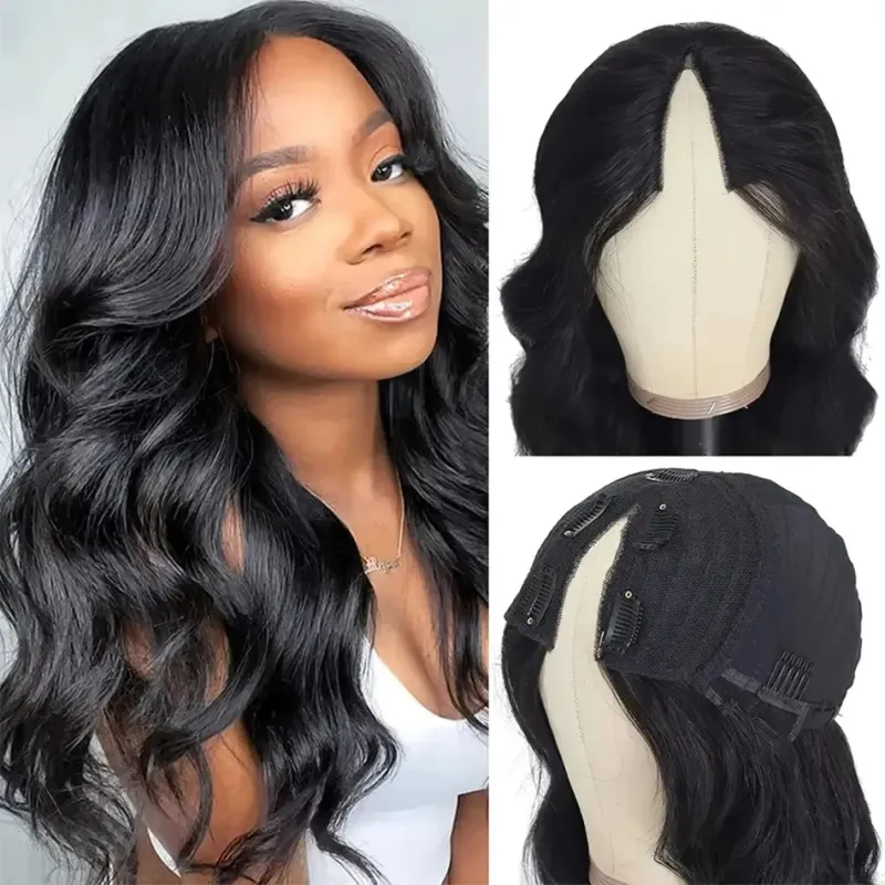 V Part Body Wave Wigs Clip In 180% Density Brazilian Remy Human Hair Natural Black Color_voghion.com