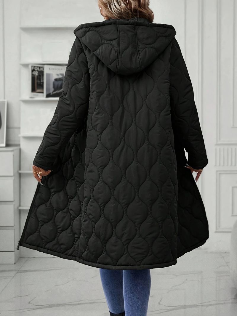 Giacca casual lunga da donna con cappuccio, imbottitura in cotone e poliestere, vestibilità ampia, cerniera frontale, tasche multiple - Nero, Cachi, Verde militare (S-XXL)_voghion.com