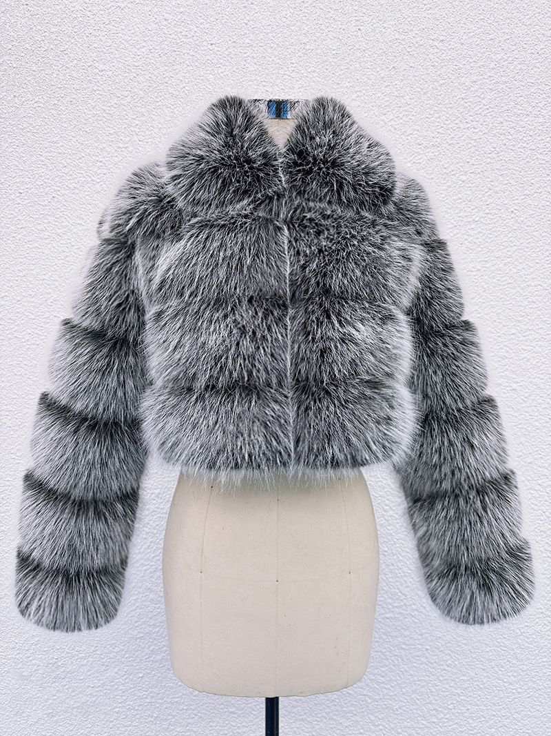 Women's Winter Faux Fox Fur Coat - Round Neck Spliced Artificial Fur Jacket, Fashionable & Warm Outerwear For Cold Weather_voghion.com
