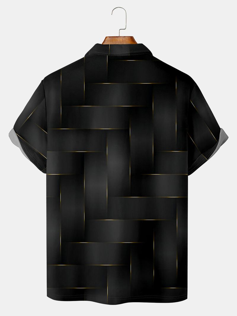 Herrenbekleidung geometrisches Farbmuster bedruckter Knopf Kurzarm Poloshirt Freizeithemd_voghion.com