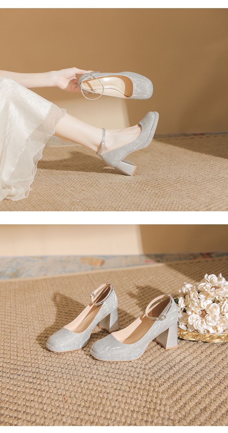 Women's Shoes One Piece Buckle Waterproof Platform Shinning Elegant Mary Jane Chunky Heel Pumps Adjustable Buckle Comfortable Square Toe High Heels_voghion.com