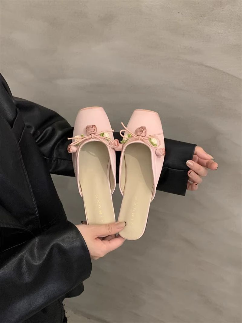 Yarım terlik 2024 yeni düz tabanlı terlikler peri tarzı tek ayakkabı açık hava sandaletleri pembe terlik kadın ayakkabıları_voghion.com