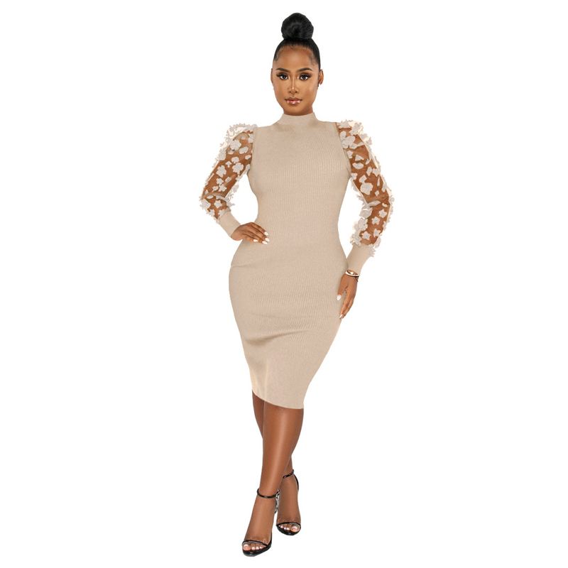 Abbigliamento da donna Elegante abito a coste con maniche in rete floreale e colletto a petalo 3D per donna_voghion.com