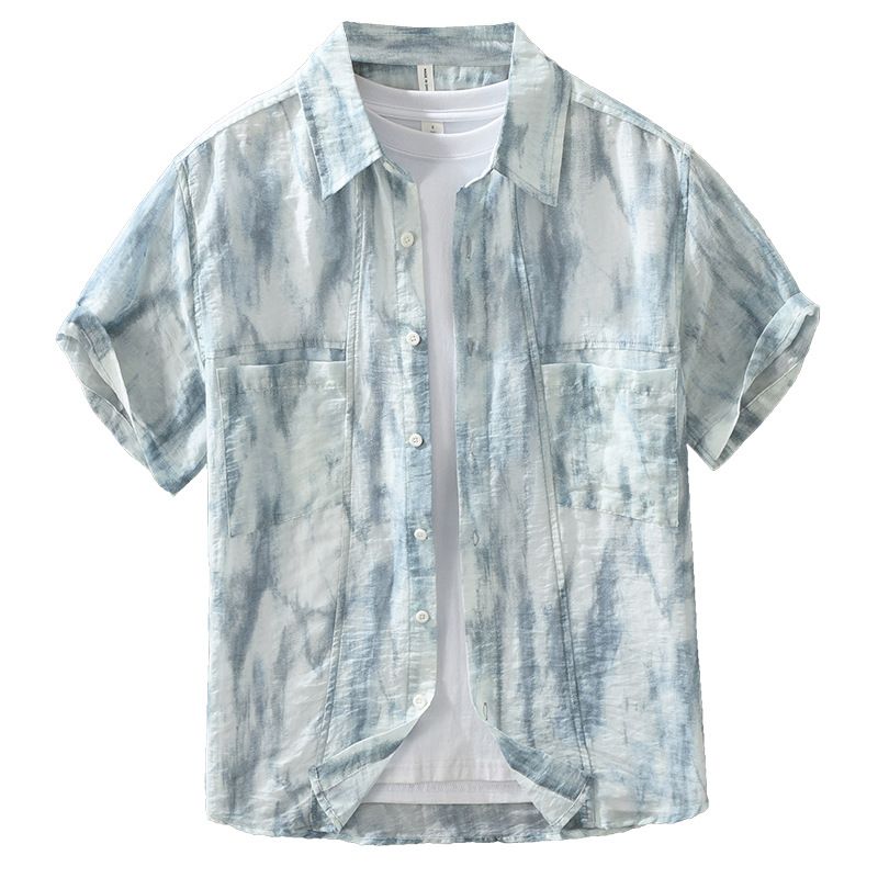 Camicia a maniche corte tie-dye fresh da uomo, alla moda e versatile, top casual e ampio._voghion.com