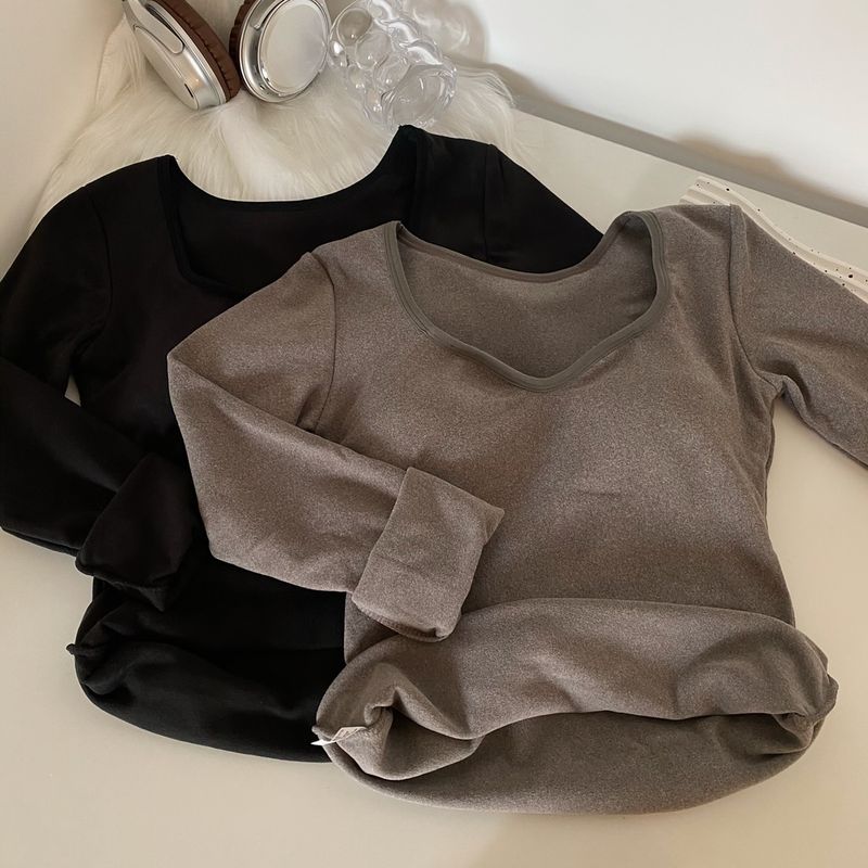 Maglia termica in pile caldo con petto imbottito, scollo a V, vestibilità attillata, manica lunga, strato di base per donna, autunno inverno_voghion.com