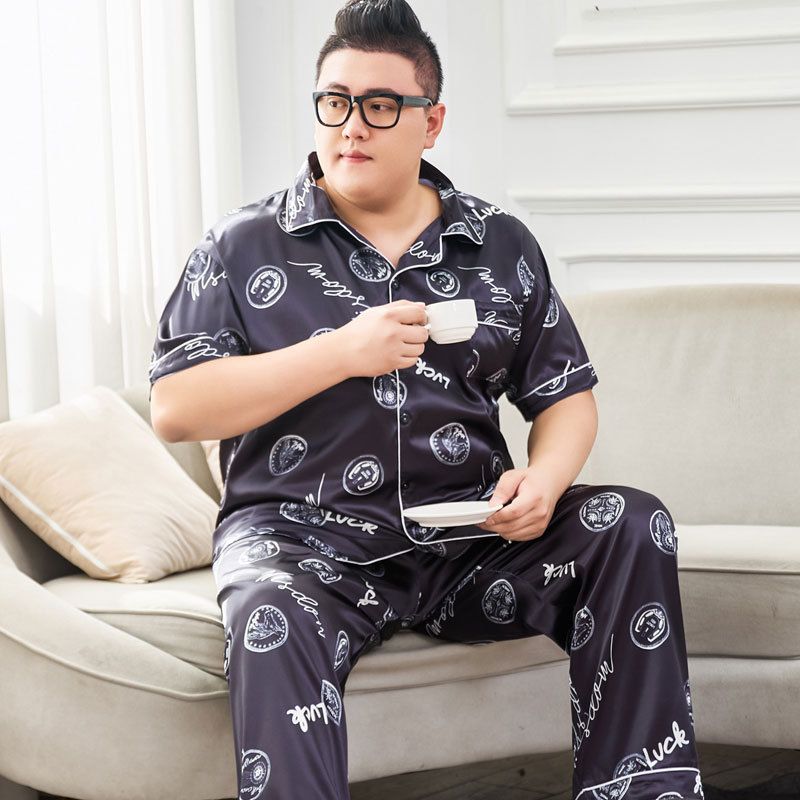 Fat guy plus fat extra large size 300 ice pajamas women's summer short sleeved pants 330 pounds silk home suit_voghion.com