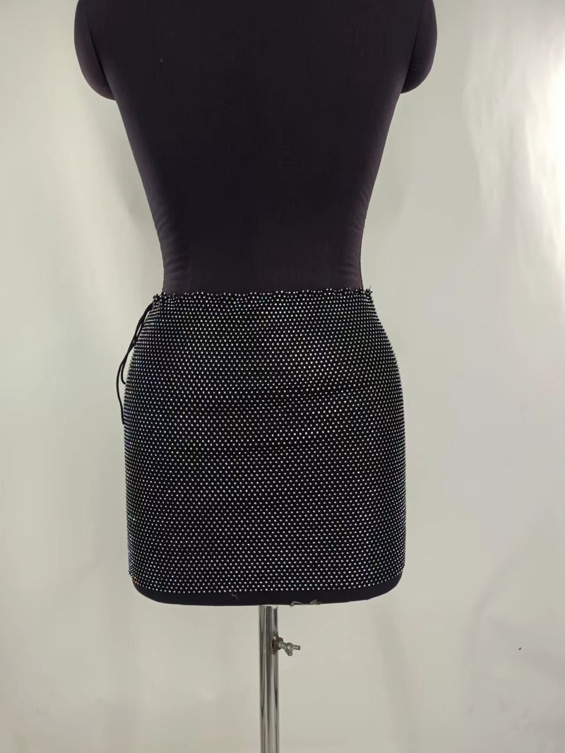 Sexy rhinestone inset diamond cloth hanging neck wrap chest top stitching skirt suit_voghion.com