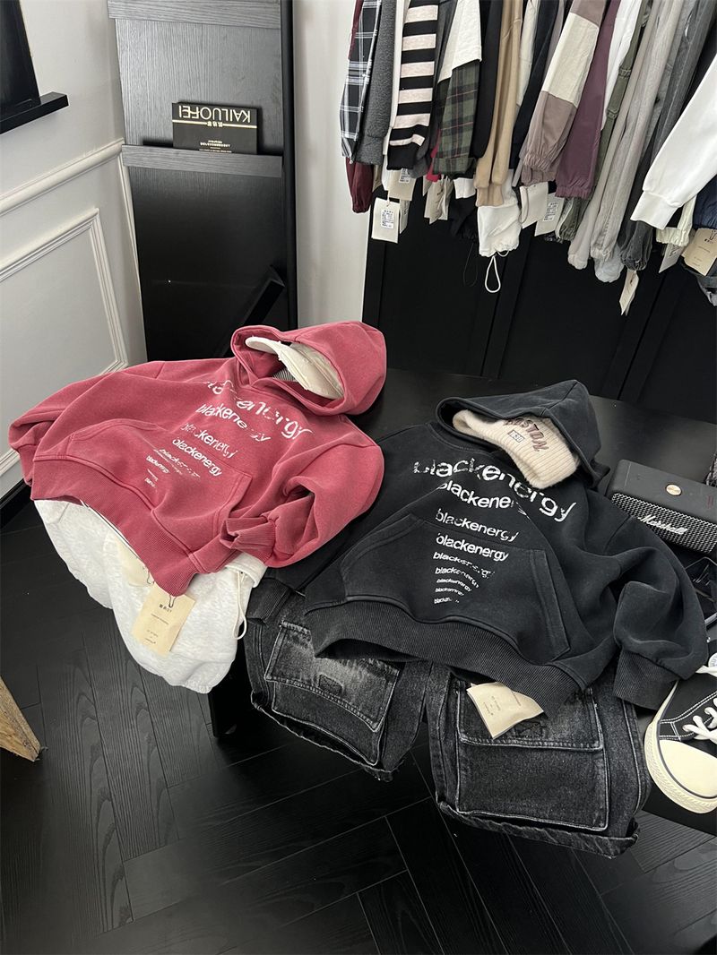Boys And Girls American Vintage Letter Hooded Sweatshirt, Children's Trendy Cool Autumn Style Sand Washed White Pullover_voghion.com