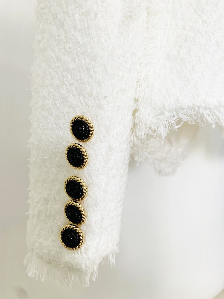 Damenbekleidung: Schicke, mit schweren Kettenperlen verzierte Tweedjacke mit Fransendetails – elegante Bürokleidung für Damen (Weiß, S/M/XL/XXL)_voghion.com