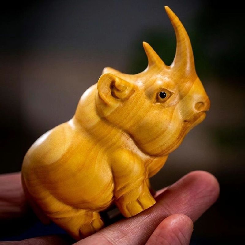 Boxwood Three Treasures Rhino Hippo Elephant Handheld Piece Handmade Carving Home Desk Ornament_voghion.com