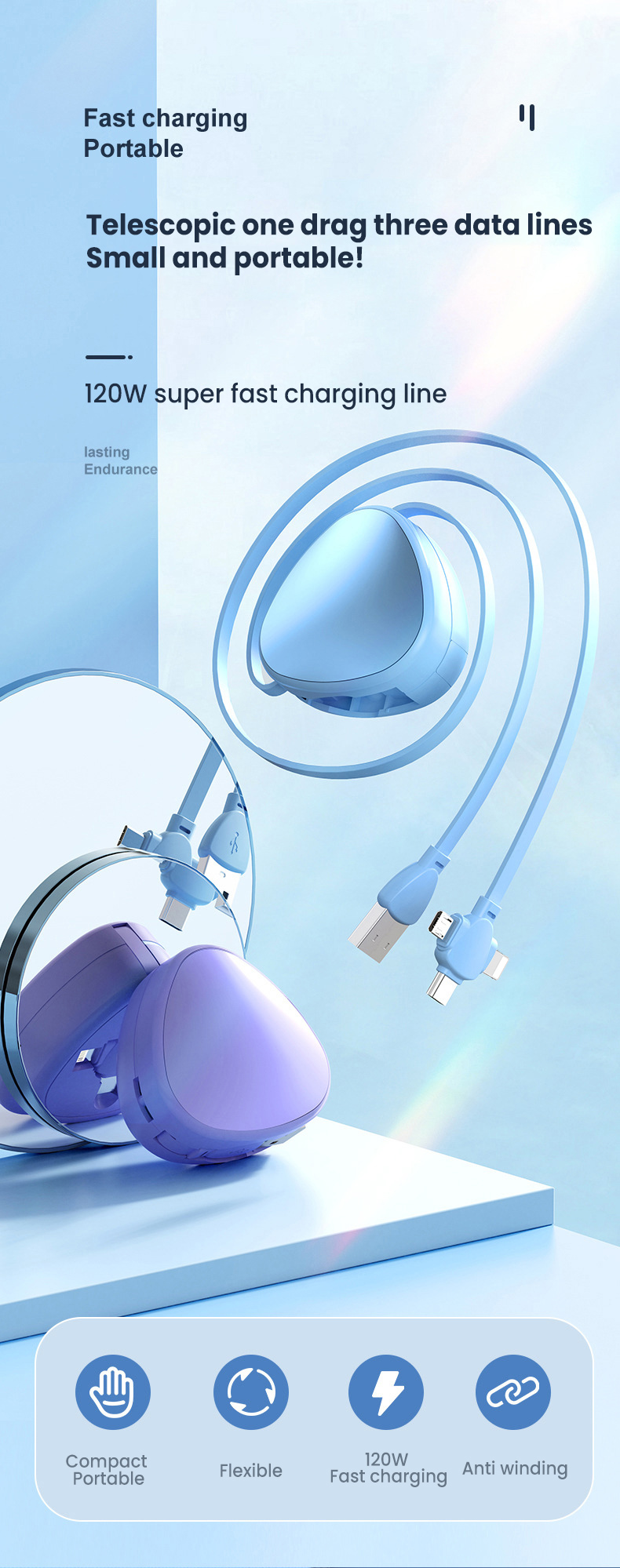 3in1 1.2m USB cable 6A 100W suitable for Huawei Samsung Xiaomi Scalable Mini USB C-type Cable Super Charging C_voghion.com