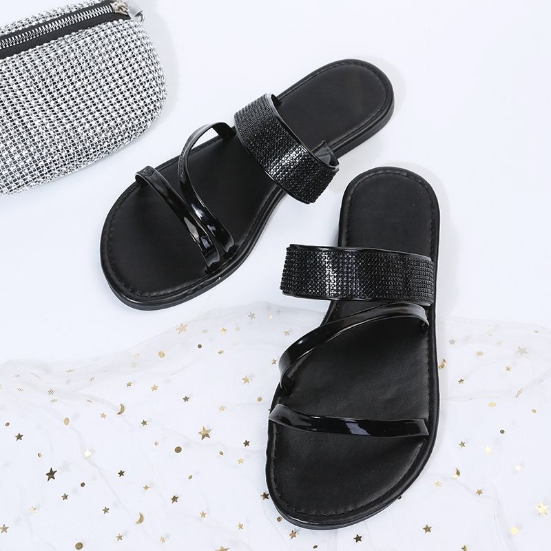 Women's Shoes Large Size Casual Slippers Summer New Round Head Rhinestone Flat Sandals_voghion.com