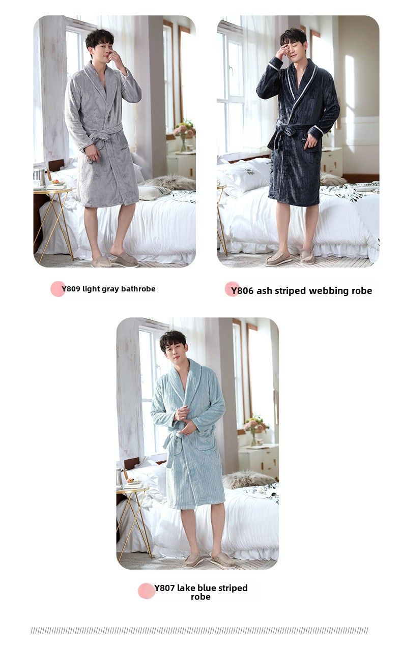 Nachtwäsche Korallensamt-Bademantel, Fleece, verdickter Flanell, Nachtwäsche, lang, Herbst/Winter, gemütlicher Thermo-Pyjama, sowohl für Männer als auch für Frauen_voghion.com