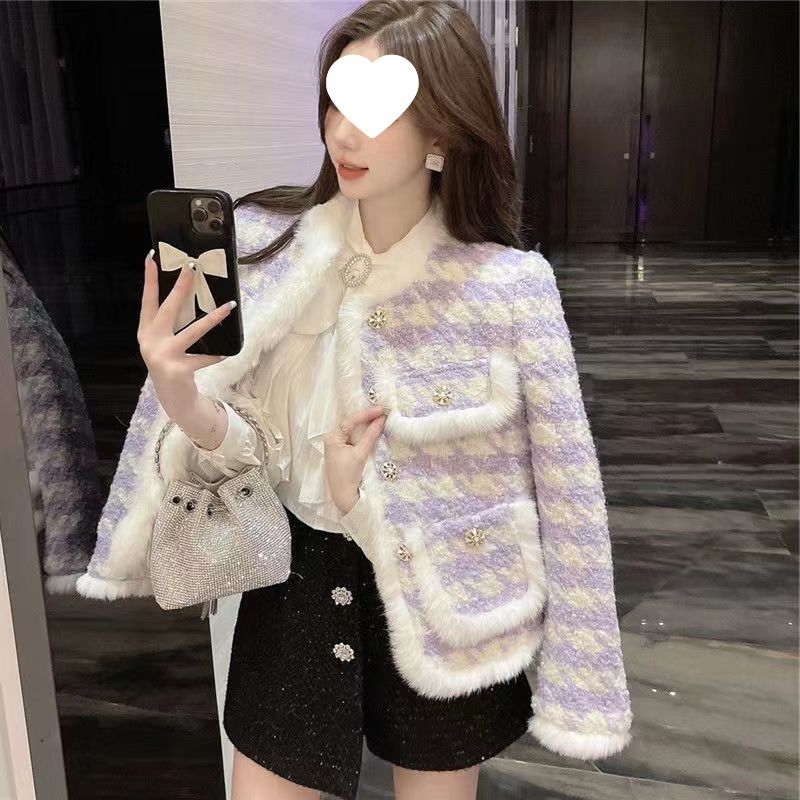 girl Girl Thickened Cotton-Padded New Style Little Fragrance Violet Plaid Socialite Coat Fashionable Women's Sweet Woolen Cotton_voghion.com