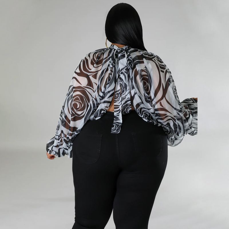 Damen-Oberteil in Übergröße, Übergröße, Damenbekleidung, Rundhalsausschnitt, offener Rücken, Chiffon-Schnüroberteil für Damen_voghion.com