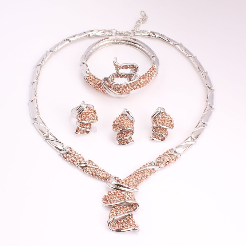 Afrikaanse kralen sieradenset dames zilverkleurig kristal bruiloftsfeest ketting armband oorbel ring fijne sieradenset_voghion.com