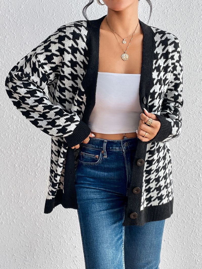 Women'S autumn and winter ins style contrasting houndstooth cardigan jacket knitted sweater_voghion.com