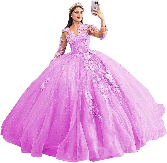 Ballkleid mit floraler Illusion und Perlendetails – Langärmliges A-Linien-Abendkleid für Abschlussbälle und Bankette (14 Farben) – US 0-28W_voghion.com