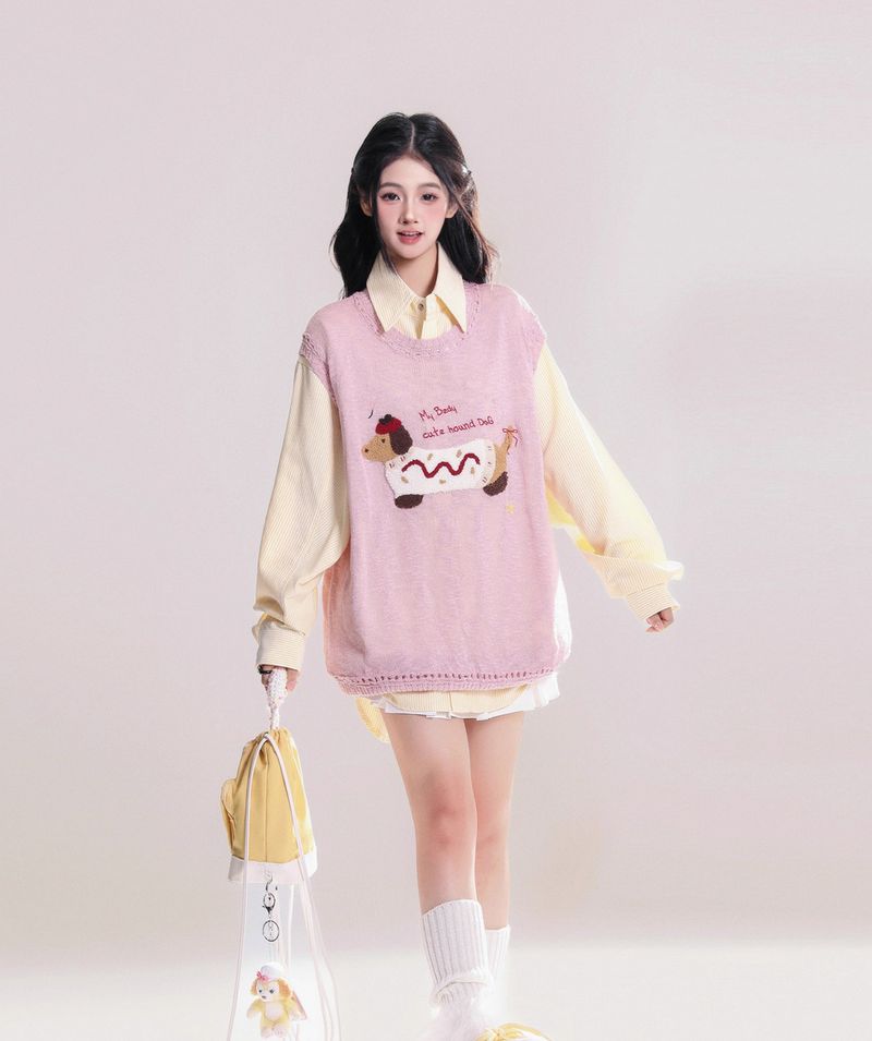 Dulce Renacimiento: Chaleco de suéter de punto sin mangas con bordado de perro para mujer, diseño de primavera y otoño._voghion.com