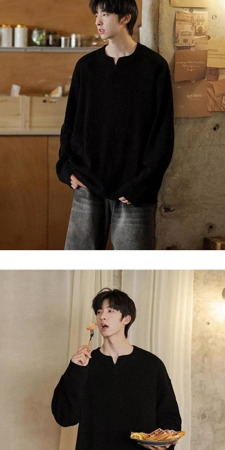 Maglietta a maniche lunghe con scollo a V e trama piccola per uomo, felpa base per primavera e autunno, stile americano alla moda_voghion.com