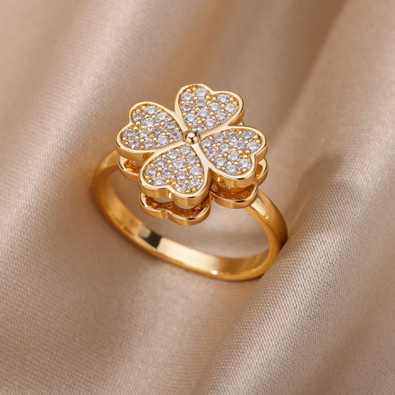 Ready Stock Zirkon drehbare vierblättrige Kleeblatt Angst Ringe für Frauen Edelstahl Anti-Stress Fidget Spinner Ring Ästhetik_voghion.com
