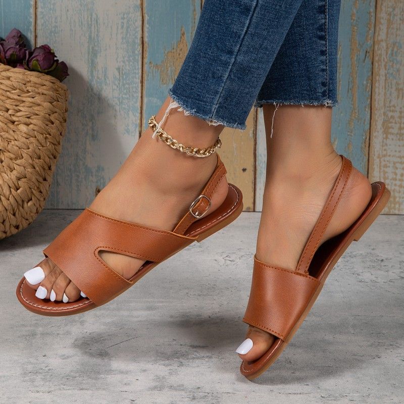 Women's Flat Sandals Summer New Solid Color Round Head One Line Buckle Outside Wear Casual Women's Shoes_voghion.com