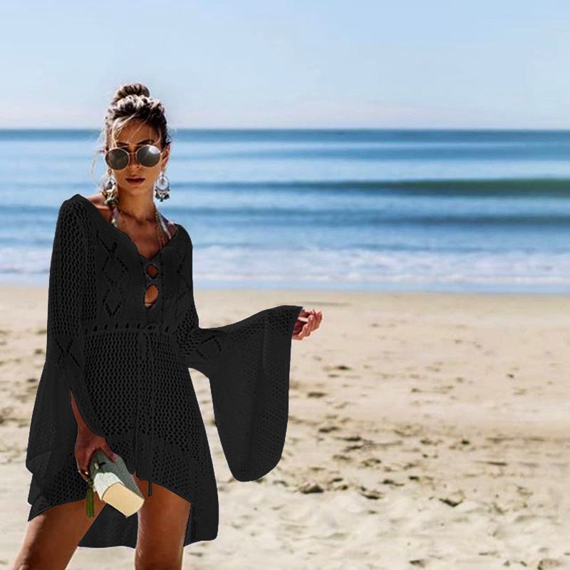 Unregelmäßiger tiefer V-Ausschnitt für Damen, sexy, ausgehöhlt, gewebt, Strandkleid, Überzug_voghion.com