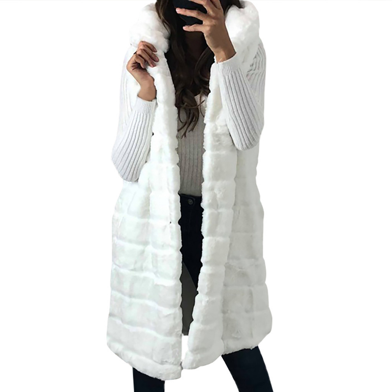 Cappotto con cappuccio in pelliccia imitazione pelliccia di coniglio di media lunghezza da donna_voghion.com