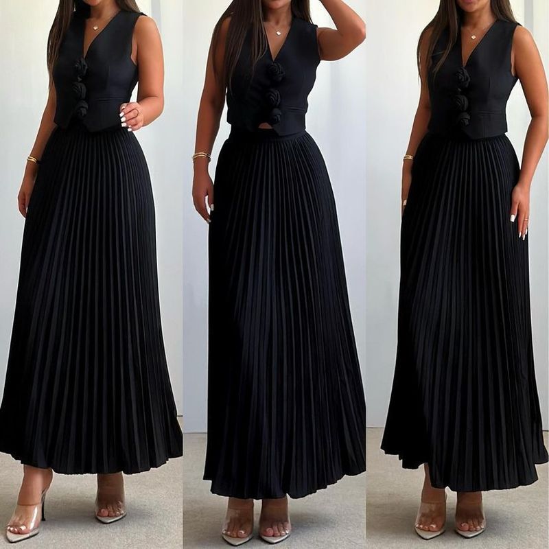 Damenbekleidung, neue Anzüge für Damen, Sommer, ärmellose Weste, halblanger, plissierter langer Rock, zweiteiliger Anzug_voghion.com