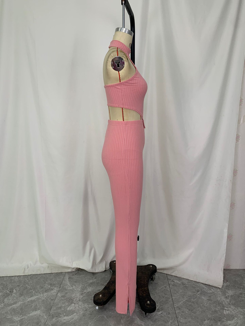 Set da donna in due pezzi casual con pantaloni a camicia senza maniche con collo appeso e ampia striscia in tinta unita_voghion.com