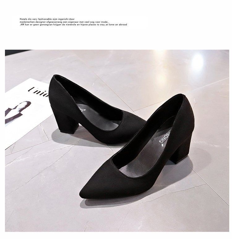 Zapatos de mujer de tacón alto de gamuza de gran tamaño, con tacón grueso, boca poco profunda y puntiagudos, de moda_voghion.com