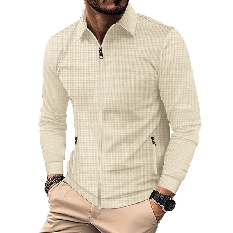 Men's Clothing Men's Waffle Knit Zip-Up Jacket With Stand Collar - High Street Casual Autumn Coat For Men_voghion.com