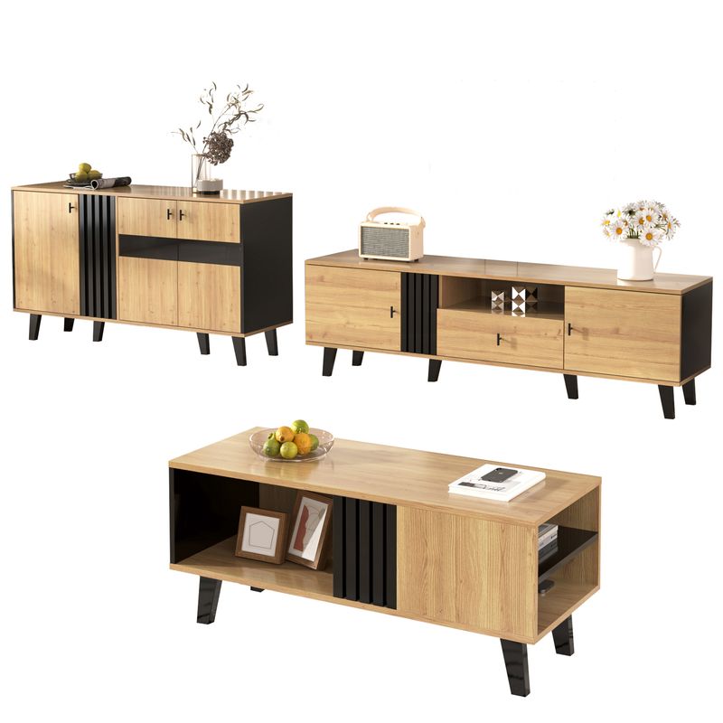 Buffet avec éclairage LED et verre, armoire en stratifié beige avec finition noire et bois, design unique à rayures noires_voghion.com