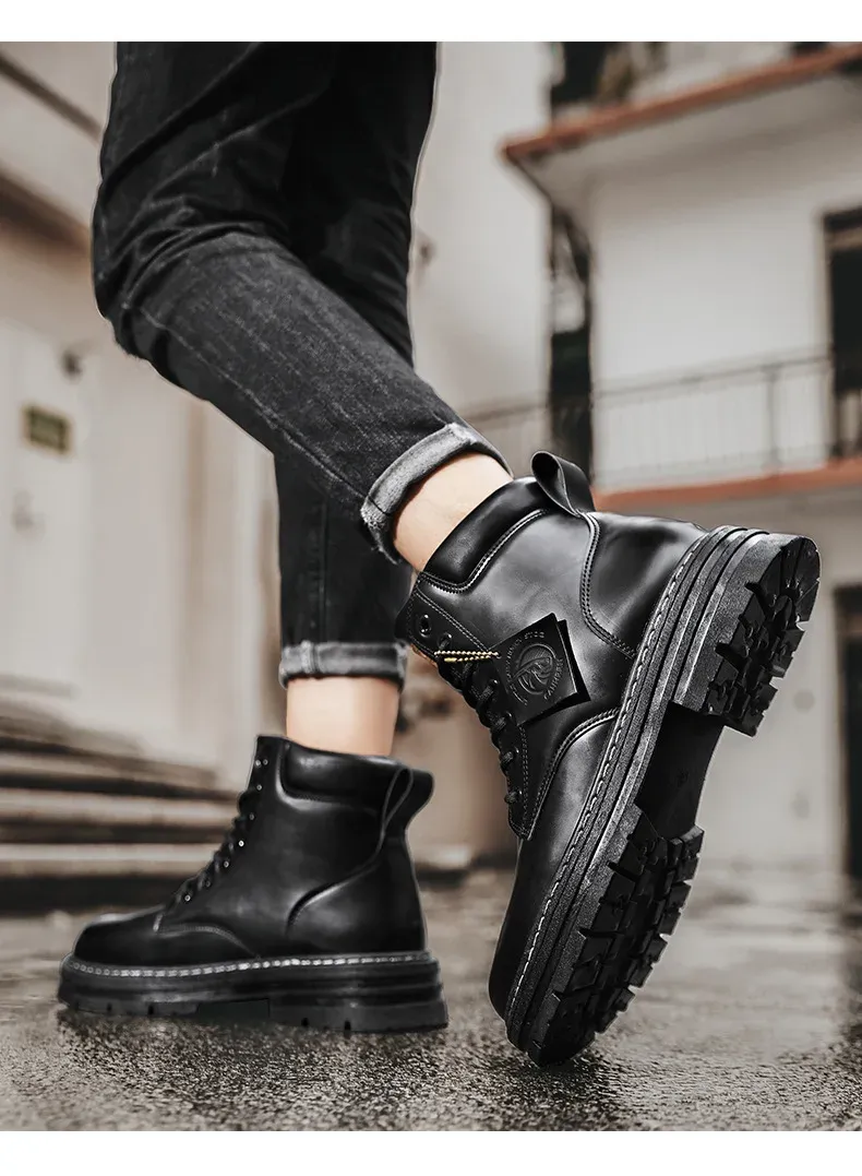 High Top Nahka Muoti Moottoripyörä Miesten Talvisaappaat Miesten Pitsi Kengät Botas Hombre_voghion.com