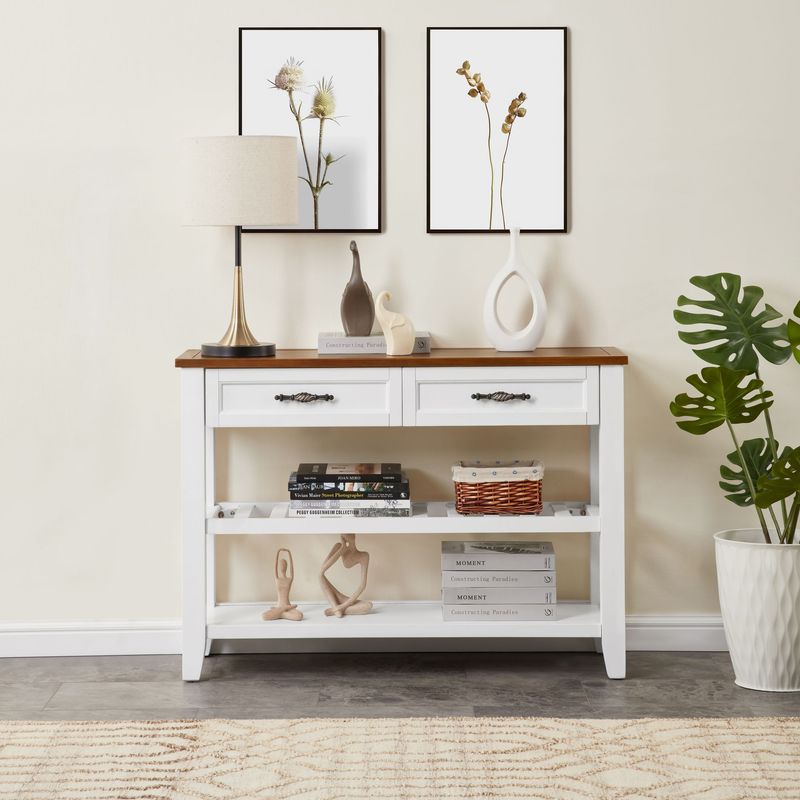 Retro Design Console Table With Two Open Shelves, Pine Solid Wood Frame And Legs For Living Room_voghion.com
