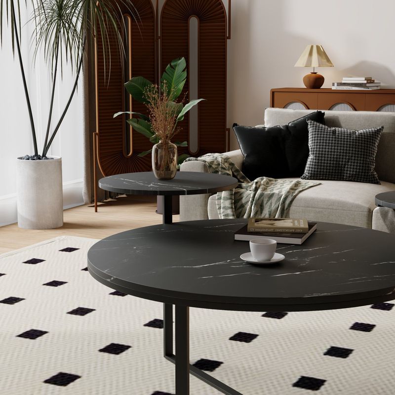 Modern Coffee Table With Two Display Shelves, Black Marble Surfaces, Tripod-inspired Base,Rounded Tabletop Edges_voghion.com