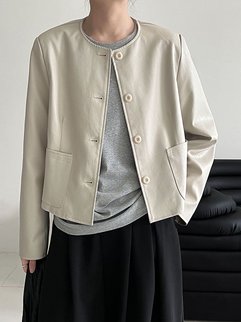 Dames slim fit PU leren jas met enkele knoopsluiting - Koreaanse stijl cropped bikerjack voor de herfst, casual en veelzijdige bovenkleding_voghion.com