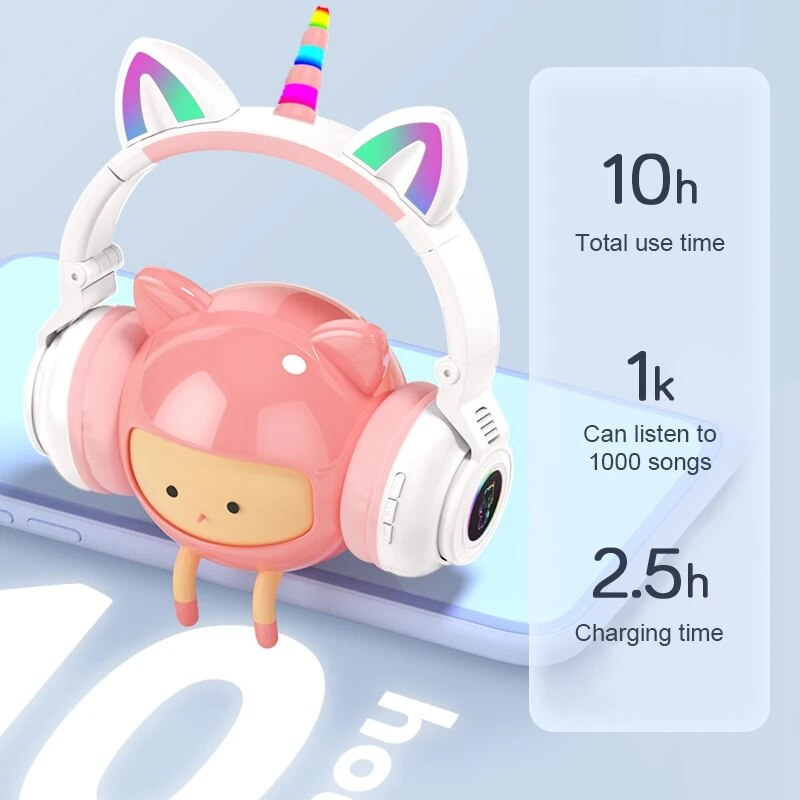 Cuffie wireless HiFi per ragazze con unicorno, microfono, stereo, bassi carini, musica per bambini, supporto per cuffie Bluetooth a forma di gatto_voghion.com