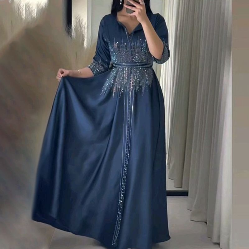 XQY500247 Vestido muçulmano marroquino com rosto forjado para o Oriente Médio, vestido árabe de Dubai, vestido de noite luxuoso e moderno com diamantes_voghion.com