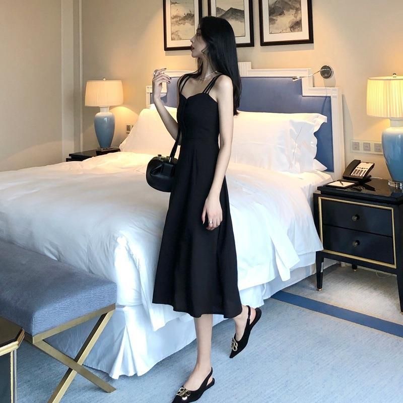 Abito lungo con cintura in vita e lunghezza al ginocchio, stile Little Black French Tea Break Platycodon, da donna, estate 2025_voghion.com