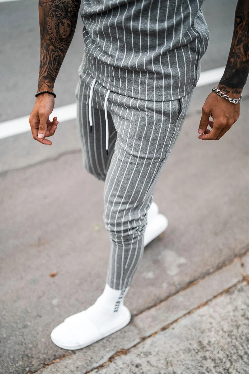 2024 New Spring and Autumn Stripe for Men's Fitness Running Long sleeved Sweater Slim Fit Pants Set_voghion.com