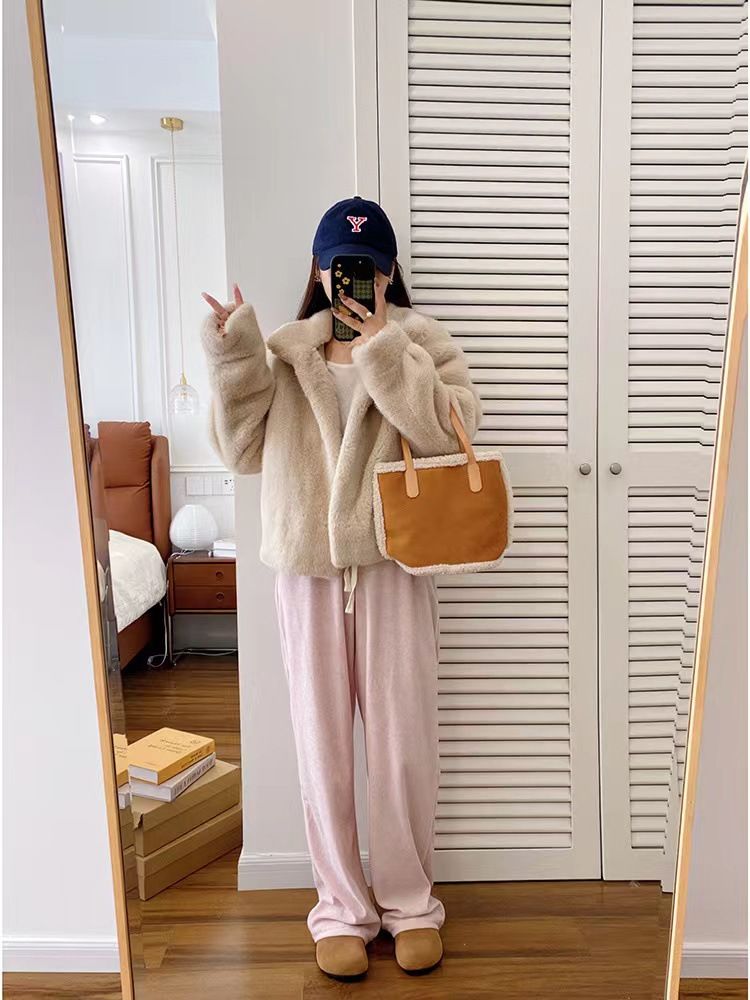 Damenbekleidung Stehkragen Kurzer Nerzsamt Damen Kunstsamt Nerzpelzmantel Kurzer Stehkragen Winter Umweltfreundliche Kunstpelzjacke_voghion.com