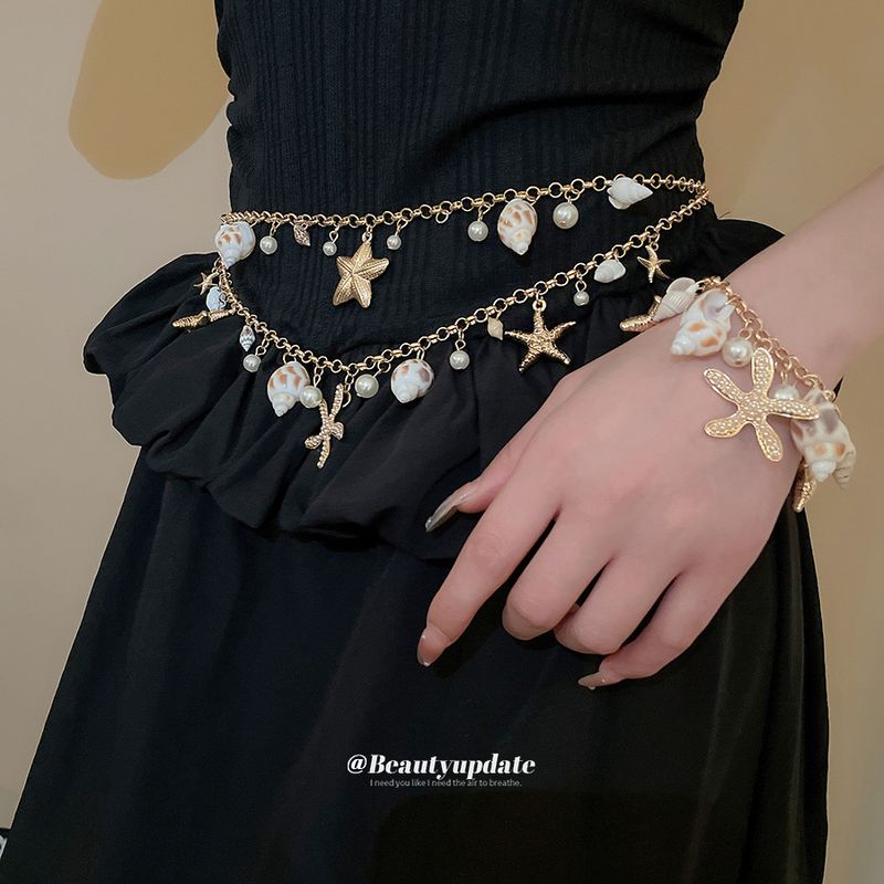 Bohemian Beach Starfish Shell Necklace Set Seaside Vacation Style Collarbone Light Luxury High-End Waist Chain For Women_voghion.com