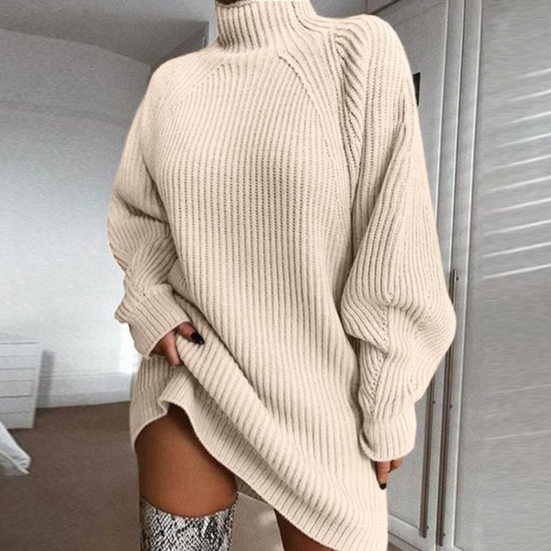 Knitted Sweater Mid-Length Raglan Sleeve Half Turtleneck Sweater Dress_voghion.com