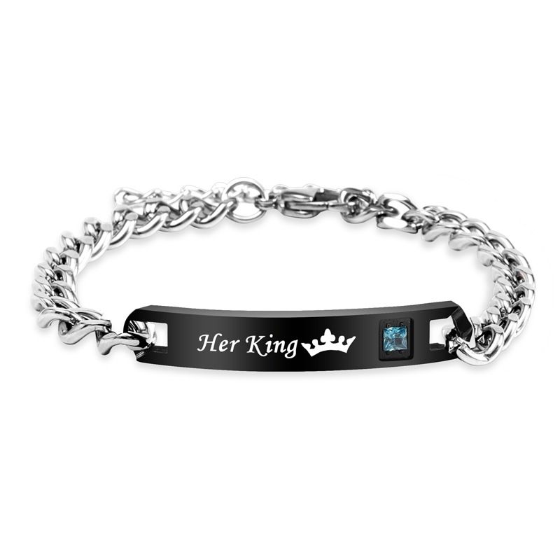 Bracciale alla moda hip-hop in acciaio al titanio per coppie, regalo di San Valentino, corona, cuore, zircone, incisione_voghion.com