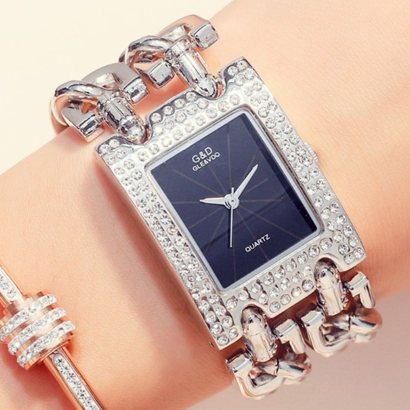 Orologi da donna con due catene, diamanti o bracciale in acciaio senza diamanti, orologio al quarzo, orologio con bracciale retrò lucido_voghion.com