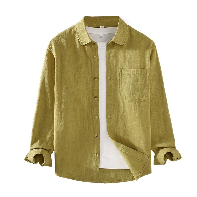 Camicia a maniche lunghe in tinta unita Ramie da uomo, nuova collezione autunnale, retrò, semplice, in cotone e lino, alla moda, casual_voghion.com