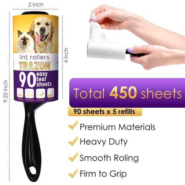 Lint Rollers Value Pack Of 450 Sheets 5 Refills Sticky Roller Lint Remover For Dog Cat Pet Hair Lint Rollers For Clothes Carpet Couch Furniture Car_voghion.com